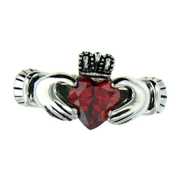 Sterling Silver 925 Claddagh Ring With Ruby Crystal | July Birthstone | Sizes I-U